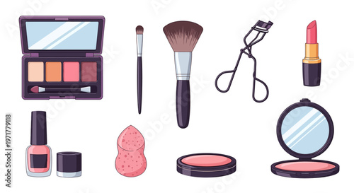 Makeup Cosmetics Beauty Tools and Accessories Flat Lay Set Illustration