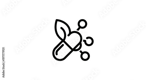 Medical research and development icon: pill, leaf, and molecule structure