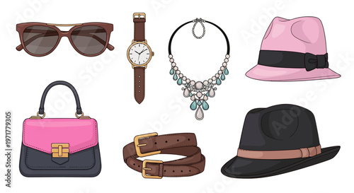 Fashionable Accessories Collection with Stylish Hats Sunglasses and Jewelry