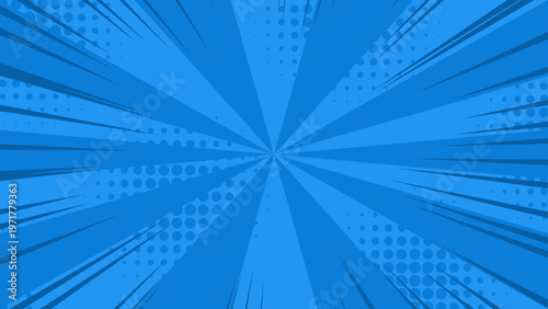 Dynamic blue comic book style background featuring radial speed lines and halftone dot pattern, ideal for energetic designs and retro graphic projects