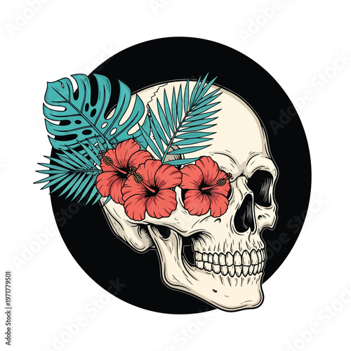 Stylized human skull illustration decorated with vibrant tropical flowers and lush green leaves on dark background