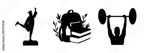 Black silhouettes of a dancer, a backpack with books and a weightlifter