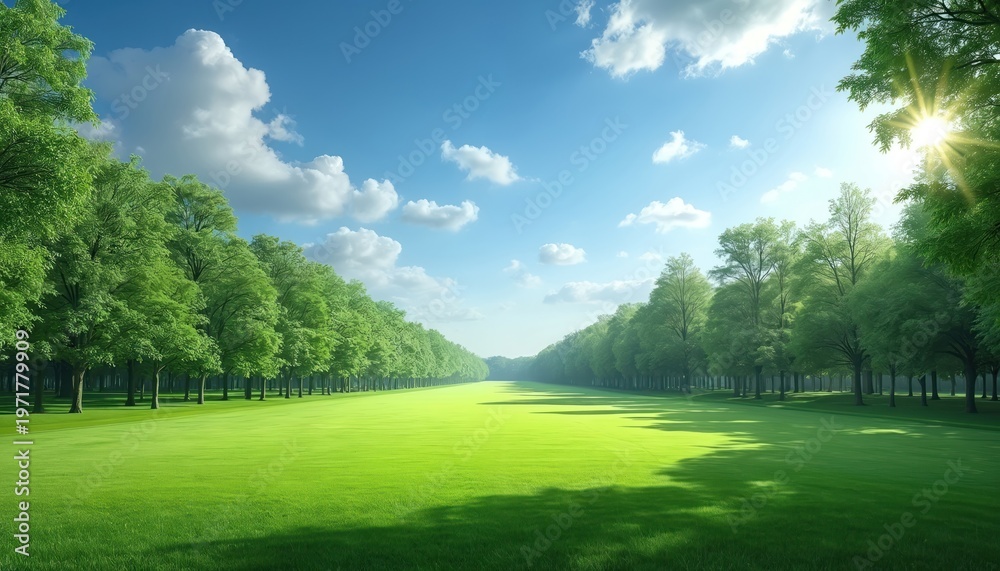 Fototapeta premium Green meadow and tree avenue under bright sunlit blue sky with white clouds. Perfect for nature, park, or golf course themes, offering ample copy space.