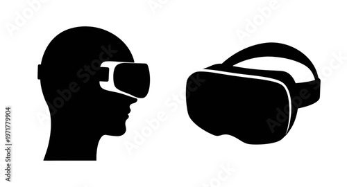 Black silhouette of a person wearing virtual reality goggles and headset