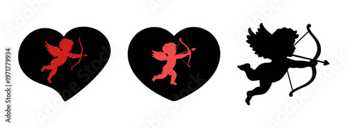 Billede på lærred Collection of cute cupid silhouettes with hearts for valentines day