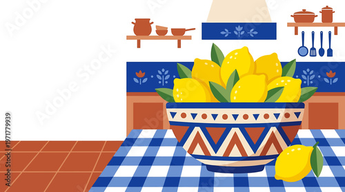 A vibrant, rustic kitchen scene with a bowl full of fresh lemons, set against a backdrop of traditional blue and white tiles and open shelving, evoking a sense of warmth and homemade goodness