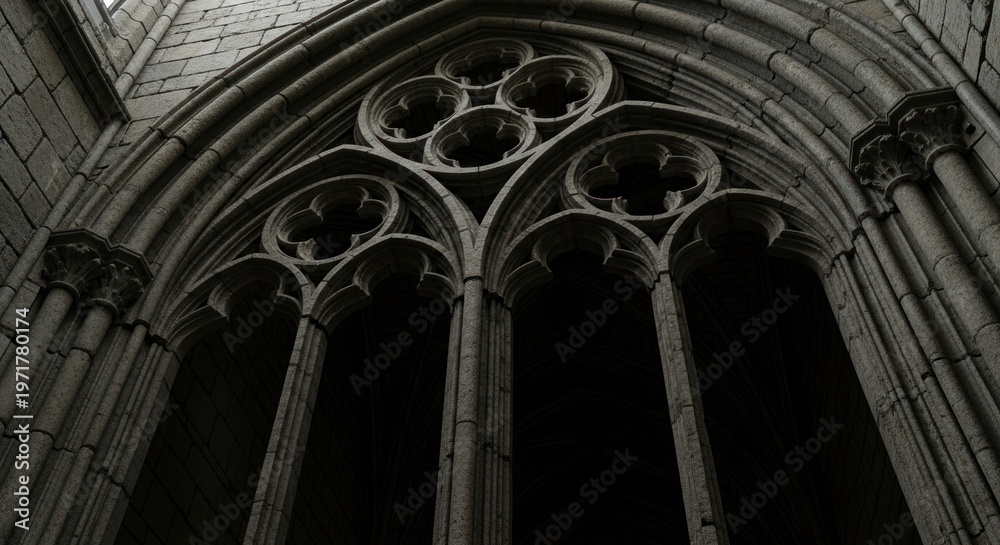 Naklejka premium Gothic architectural window detail with arches and symmetrical design