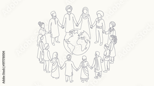Diverse group of people holding hands in a circle around the globe, symbolizing unity and global connection