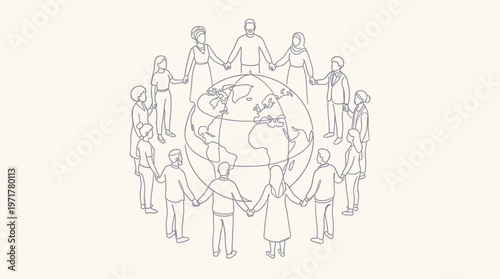 Conceptual illustration of diverse people holding hands in a circle around the world, symbolizing global unity, cooperation, and social harmony across cultures