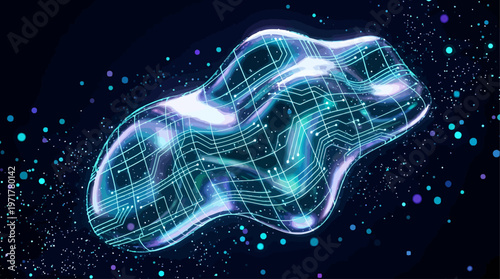 Futuristic abstract digital fluid shape with glowing cybernetic circuit patterns, symbolizing data flow, technological innovation, and advanced computing concepts