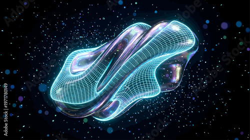 Mesmerizing iridescent liquid sculpture with an internal glowing structure, suspended in a cosmic dark void with shimmering light fragments, evoking advanced scientific concepts