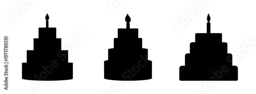 Three black silhouette birthday cakes with candles on top for celebration or party decoration