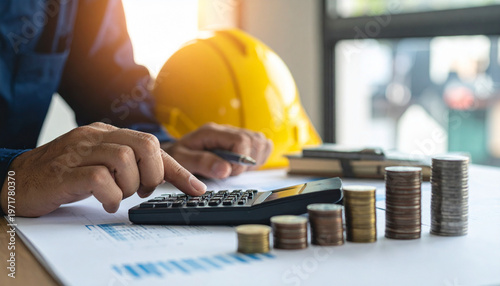 Hand using calculator over construction plans and financial paperwork for budget planning