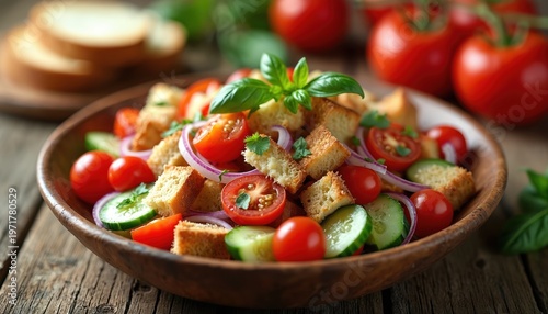 Rustic italian panzanella salad features fresh tomatoes, cucumber, red onion, basil, toasted bread cubes in wooden bowl. This vibrant, healthy dish is perfect for summer picnics, family gatherings.