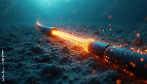 Underwater fiber optic cable glows bright orange transmitting data. Digital network connection travels through deep ocean floor. Global internet infrastructure powers online world.
