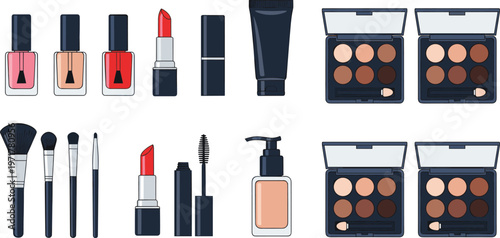 Set of makeup cosmetics including lipstick brushes foundation and eyeshadow palettes isolated on white background beauty vector illustration collection