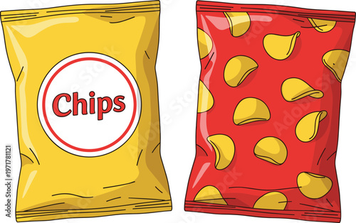 Set of potato chips packets with different packaging designs isolated on white background snack food vector illustration