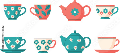Set of teacups and teapots with floral patterns isolated on white background kitchenware vector illustration collection
