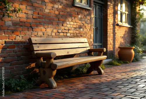 A wooden bench sits on red brick tiles against a rustic brick wall sunlight casts warm shadows and highlights the natural texture creating a cozy inviting outdoor space