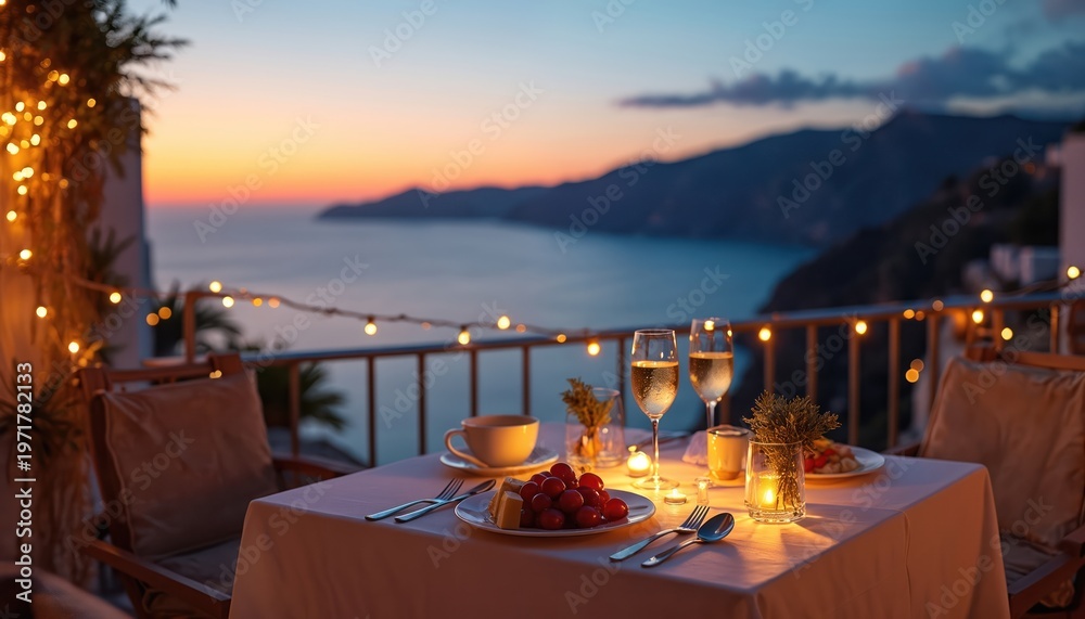 Naklejka premium Table set for romantic dinner on balcony overlooking ocean at sunset. Two glasses of champagne, fruit plate await guests. Evening lights create cozy atmosphere. Scenic view with mountains, calm sea.