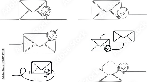 Continuous line drawing of email envelope with check mark icon, set of vector illustrations of verified messages