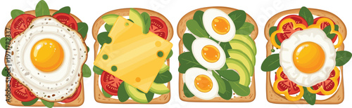 Set of breakfast toast sandwiches with eggs cheese and vegetables isolated on white background food vector illustration collection