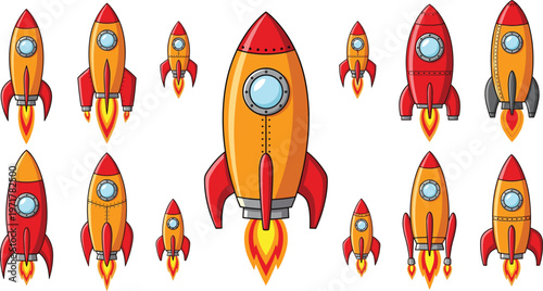Set of cartoon rockets launching with flames isolated on white background space vector illustration collection