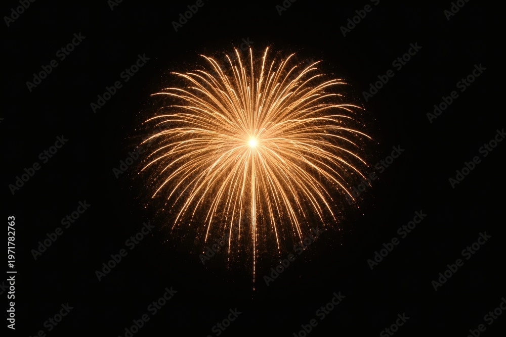 Fototapeta premium Vibrant orange firework explodes in night sky with bright sparks and streaks of light