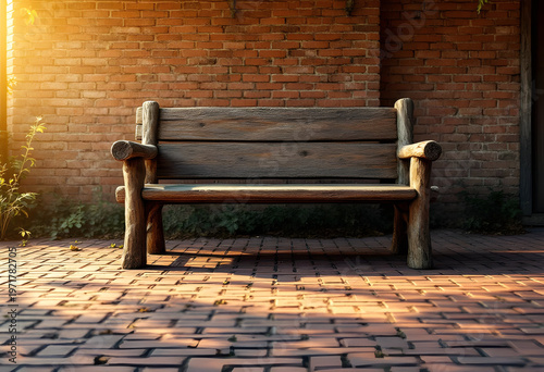 A wooden bench sits on red brick tiles against a rustic brick wall sunlight creates warm shadows and highlights the natural texture making a cozy inviting outdoor space