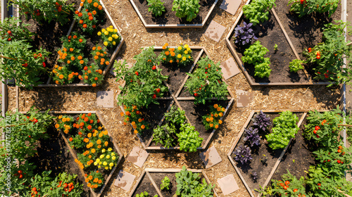 Hexagonal garden beds filled with tomatoes marigolds basil and rich soil create a vibrant colorful pattern surrounded by mulch and sunlight in an outdoor environment