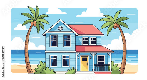 Beach house with red roof.