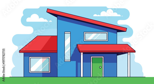 Blue house with red roof.