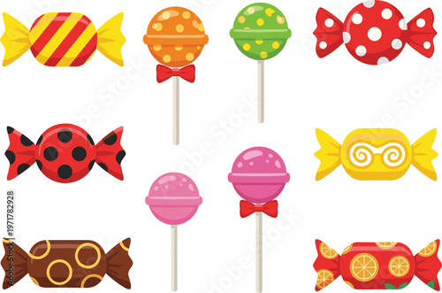Set of colorful candies and lollipops isolated on white background sweet confectionery vector illustration collection