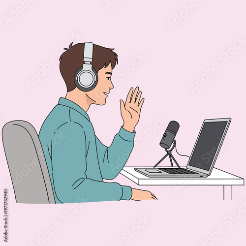 Young man using professional microphone and headphones for podcast recording or video conference from home office.