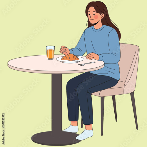 Illustration of girl in blue sweater sitting at round table with croissant and glass of juice.