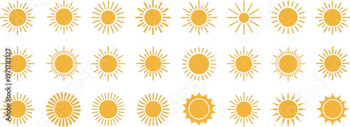 Assortment of yellow sun icons on white background Keywords: sun, solar, sunshine, light, warmth