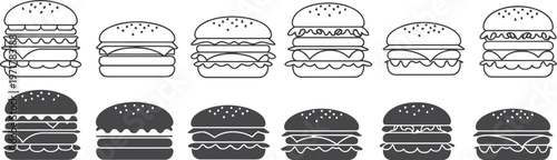 Collection of Burger Icons in Outline and Solid Styles Keywords: burger, hamburger, food, icon