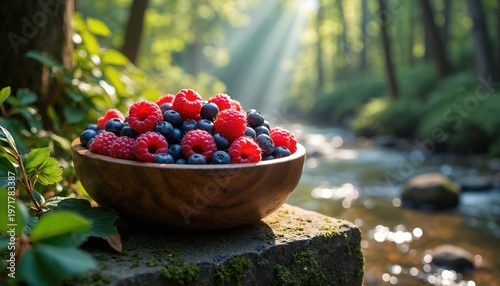 Wooden bowl full of fresh raspberries and blueberries rests on mossy stone by forest stream. Sunlight streams through trees illuminating ripe berries.