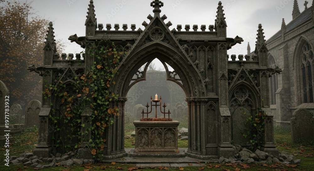 Obraz premium Gothic architectural structure with arches and ornate details outdoor setting