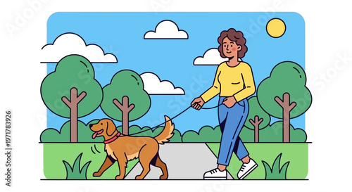 Woman Walking Dog on Leash Outdoors.