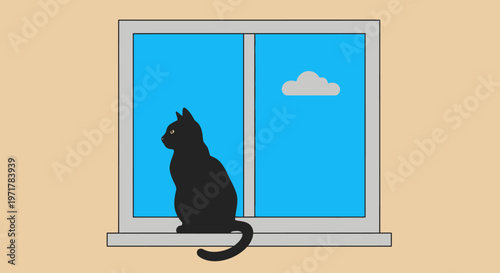 Black Cat Sitting on Window Sill.