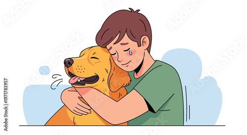 Boy Hugging Golden Retriever Dog.