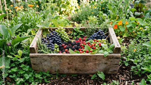 A wooden crate overflowing with grapes blackberries raspberries and herbs sits in a lush garden surrounded by green leaves flowers and sunlight creating a vibrant fresh scene