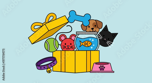 Colorful dog toys and treats box.