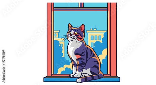 Colorful Cat Sitting on Windowsill Looking Out.