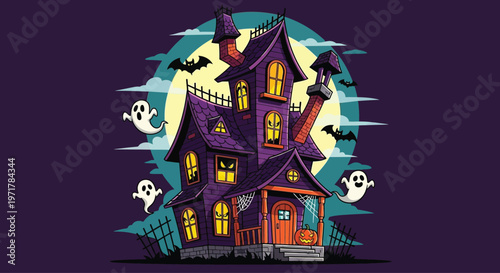Purple haunted house with ghosts flying.