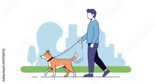 Man Walking Dog on Leash Outdoors.