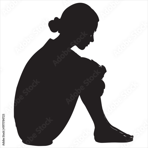 Sad woman silhouette, depressed person icon, black female figure, emotional profile