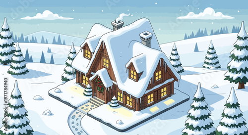 Snowy house with lit windows exterior.