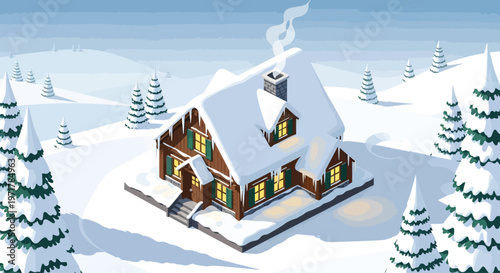 Snowy house with lit windows.